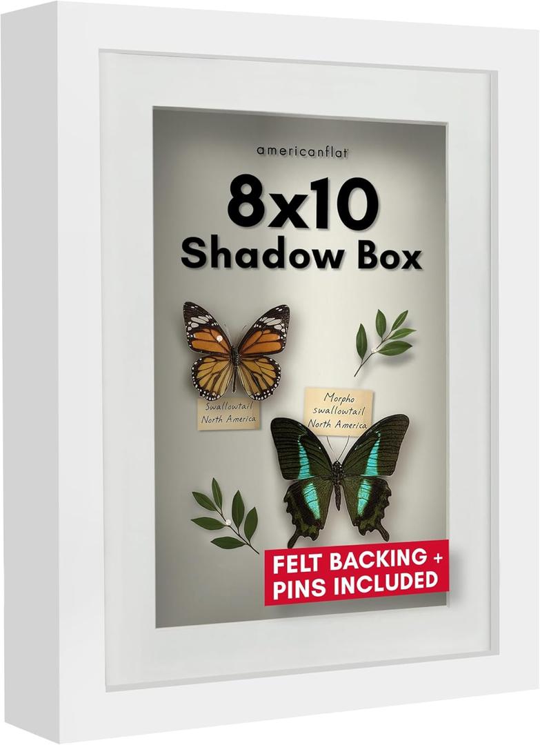 Americanflat 8x10 Shadow Box Frame with Shatter-Resistant Glass - Use as 6x8 Frame with Mat or 8x10 Without Mat - Silhouette Collection - White with Soft Felt Back