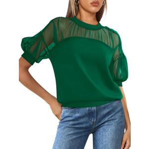 PRETTYGARDEN Women's 2025 Summer Crew Neck Short Sleeve Shirts Lace Going Out Sheer Mesh Crop Tops Dressy Casual Blouses (Green, L)