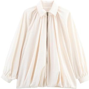 Kissonic Women's Puffed Bomber Jacket Lapel Collar Batwing Sleeve Zip Front Oversized Pleated Shirts Streetwear (Beige-L)