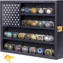 Military Challenge Coin Display Case, 14”x19” Wooden American Flag Medal Shadow Box, 2 Groove Shelves and Wall Mount (Black184)