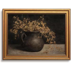 Vintage Gold Framed Dark Academia Wall Art, Rustic Floral Wall Decor
Moody Botanical Canvas Prints, Antique Flower Vase Paintings, Still Life Artwork for Living Room Bedroom 16x24 Inch