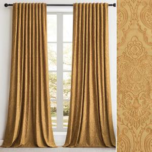 Velvet Curtains 96 Inch Long 2 Panels, Brown Gold Vintage Drapes Floral Embossed Blackout Window Curtain for Living Room Back Tab Thermal for Bedroom