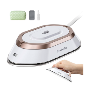 Newbealer Travel Iron with Dual Voltage - 120V/220V Lightweight Dry Iron for Clothes (No Steam), Non-Stick Ceramic Soleplate, 302℉ Heat Press Machine, w/Spray Bottle, Pouch & Silicone Stand (White)