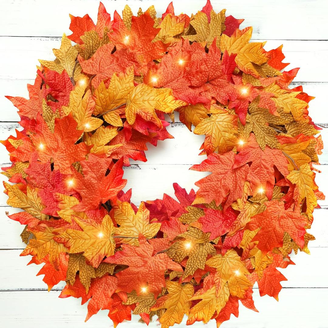 26 Inch Lighted Large Fall Wreaths for Front Door, Autumn Reef with Lights Timer Featuring 90 Orange Silk Maple Leaf Fall Door Wreath for Thanksgiving Harvest Decor, Outdoor Indoor Porch Decorations