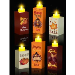 Roowest 6 Pcs Thanksgiving Decorations Wooden Candle Holders with LED Tea Lights Candles Wooden Centerpieces for Home Table Office Tiered Tray Thanksgiving Decor