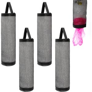 4Pcs Plastic Bag Holder, Grocery Bags Plastic Mesh Hanging Storage Bag with Elastic Bottom for Grocery, Trash, and Shopping Bags - Black