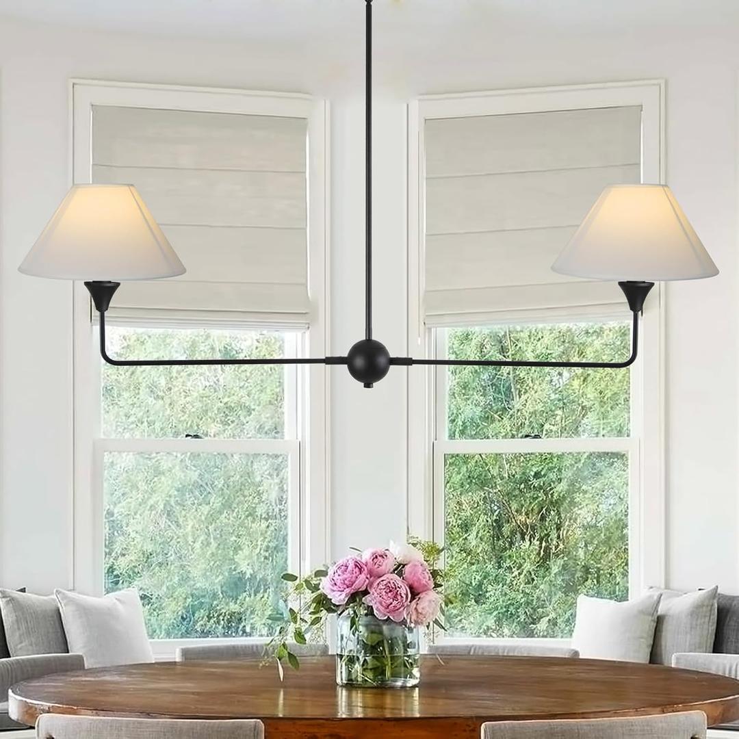 HuisMier Modern Linear Chandelier for Kitchen Island, 2-Light Black Linear Dining Room Light Fixture with Off-White Fabric Shade, Rustic Pendant Light for Dining Room, Restaurant, Living Room, Bedroom