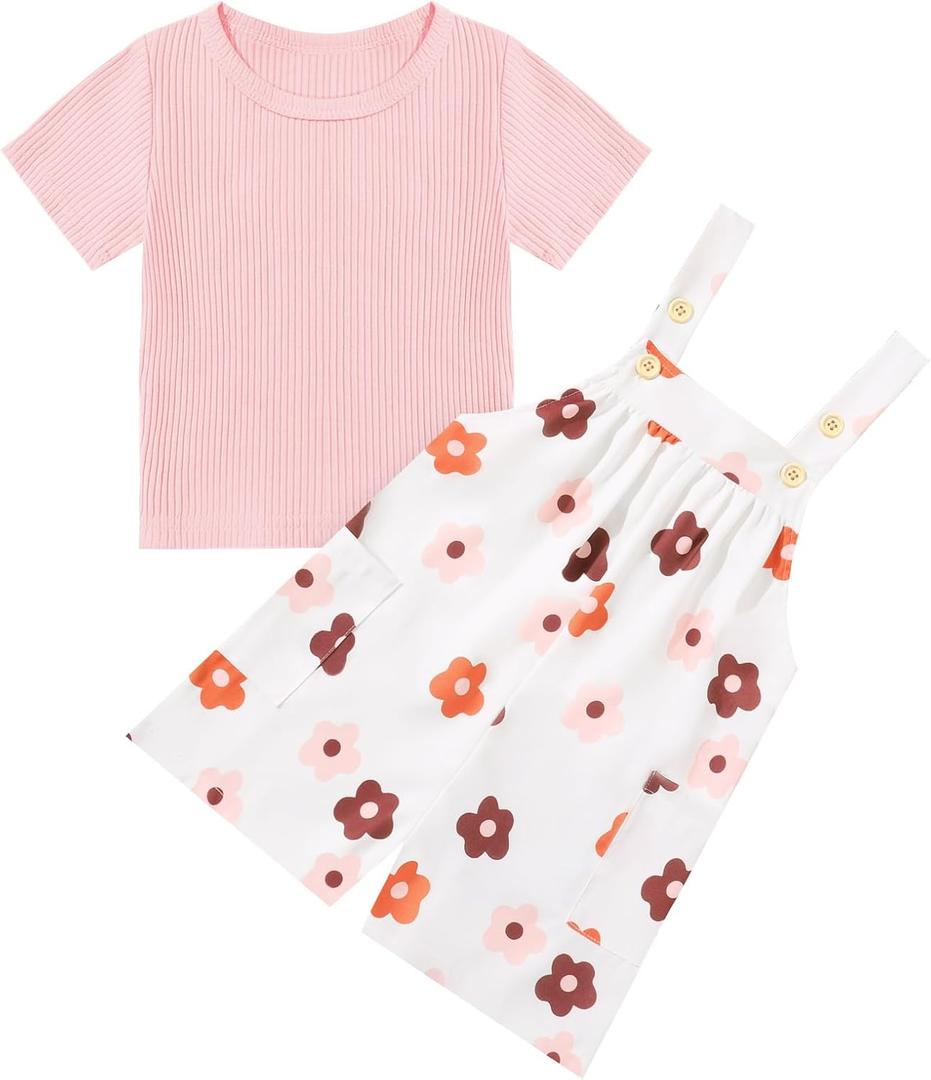 Toddler Baby Girl Summer Outfit Short Sleeve Ribbed Tops + Flower Suspender Overalls Shorts Set Kids Cute Clothes (Pink)