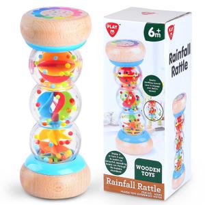 PLAY Rainmaker - 7 inch Wooden Rainbow Rain Stick Montessori Toys for Babies 6-12 Months, Baby Rattle Shaker Sensory Developmental Toy, Raindrops Musical Instrument