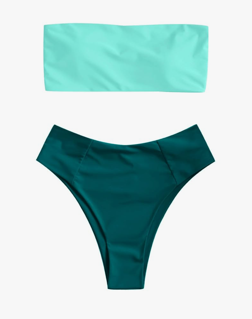 ZAFUL Women's High Cut Bandeau Bikini Set Strapless Solid Color 2 Pieces Bathing Suit Swimsuit L