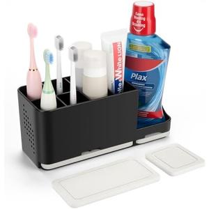 YONGAIJIA Toothbrush Holder for Bathroom Organizer with Diatom mud Board，Detachable 8 Slots Kids Electric Toothbrush Holder and Toothpaste Stand for Countertop Accessories Storage (Black)