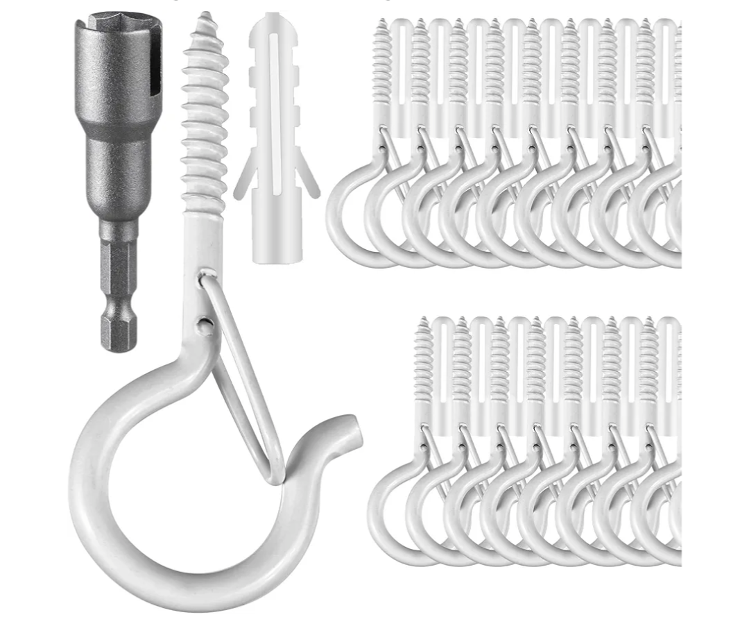 36 PCS Q-Hanger Hooks, Screw Hooks for Outdoor String Lights, Safety Buckle Design Cup Eye Hook for Hanging Christmas Lights, Plants, Mounted on Wall Ceiling, Include 1 Wing Nut Driver, White
