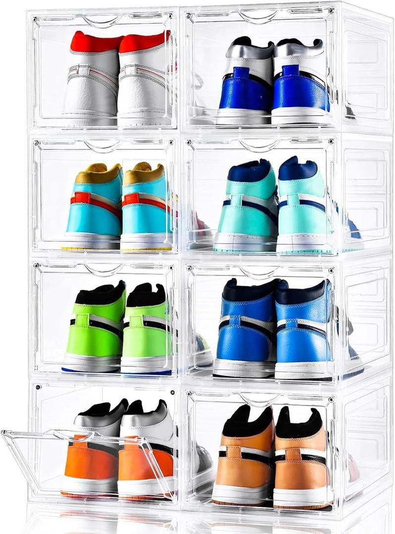 Clemate Upgraded X-Large Shoe Storage Box,8 Pack,Shoe Box Clear Plastic Stackable,Drop Front Shoe Box with Clear Door,Shoe Organizer and Shoe Containers For Sneaker Display, Fit up to US Size12