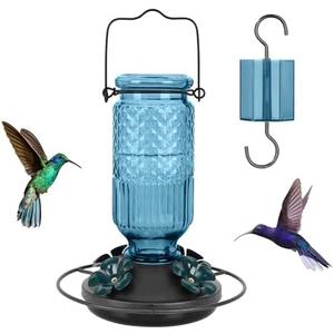 FEED GARDEN Glass Hummingbird Feeder for Outdoors Hanging, 16 OZ Humming Birds Feeders with 4 Bee Guard Feeding Ports & Built-in Ant Moat, Hummingbird Gifts for Mom, Bird Feeder for Outside, Blue