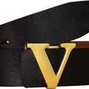 Men's Classic Gold/Silver V-Buckle Design Soft Calfskin Belt, Size: 43.3 inches (37-39)