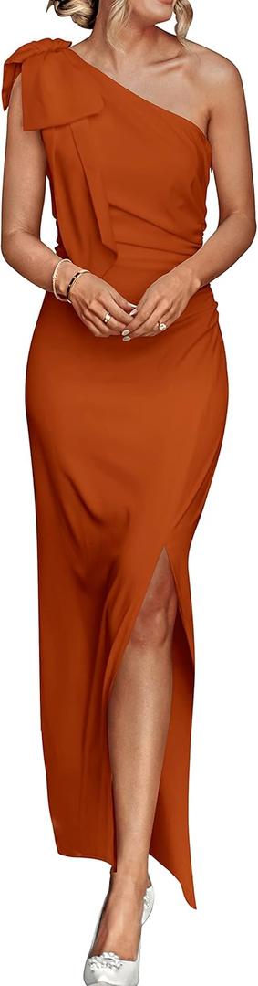 PRETTYGARDEN Women's Summer One Shoulder Long Formal Dresses Sleeveless Ruched Bodycon Wedding Guest Slit Maxi Dress (Medium, Brown)