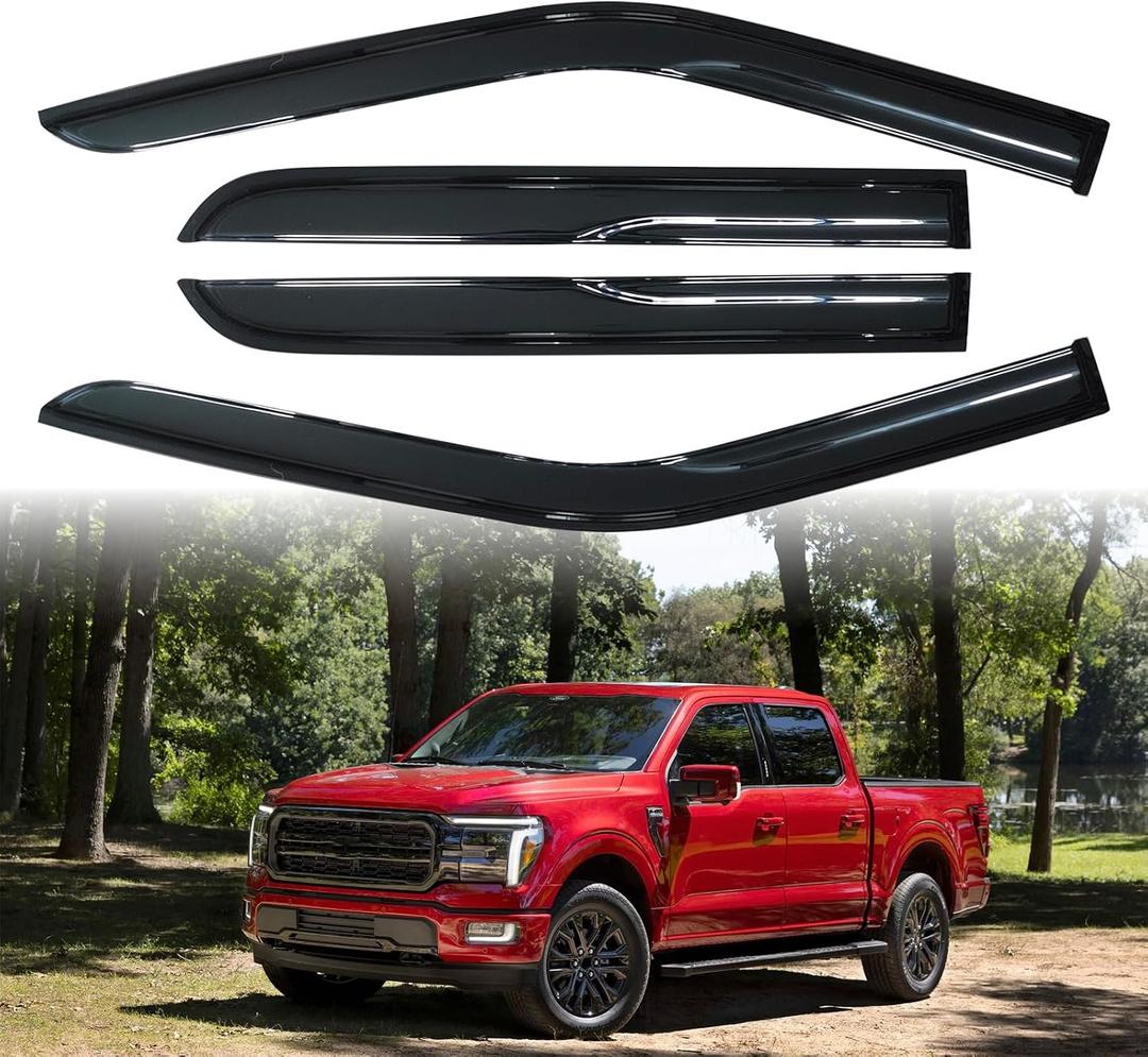 Tape-On Side Window Visor Deflectors Rain Guards for 2015-2026 Ford F150 SuperCrew & 2017-2026 F-150 Raptor F250 F350 F450 F550 Window Vent Deflectors Visors Shades 4pcs