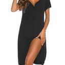 Ekouaer Women's Nightshirt Short Sleeve Button Down Nightgown V-Neck Sleepwear Pajama Dress (Black, Medium)
