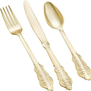 Goodluck 75 Pack Gold Plastic Silverware Set  Heavy Duty Disposable Cutlery, Includes 25 Forks, 25 Spoons, 25 Knives, Elegant Vintage Design for Weddings, Parties, Thanksgiving, and Daily Use