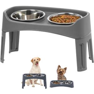 IRIS USA Elevated Dog Bowls Adjustable Stand, Raised Feeding Station with 2 Stainless Steel 64 oz Bowls, Spill Guard, Dual Height 12.25" or 4.63", Made in USA, Dark Gray