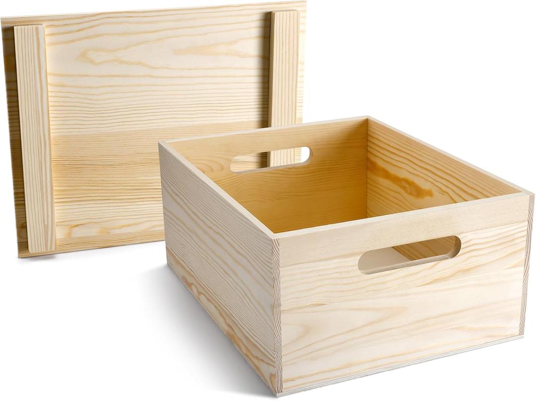 Spiareal Wooden Storage Box 15 x 12 x 7 Inches Pine Wood Decorative Crate Box with Hand Holes and Lid Plain Unpainted Wooden Storage Bins for Home Decor Wine Tool Kitchen Arts Crafts
