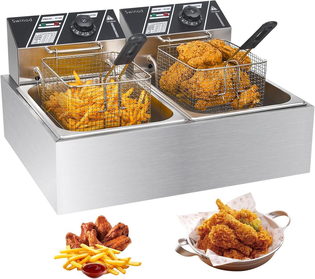 Commercial Deep Fryer with Baskets, 3400W 12.7QT/12L Thickened Stainless Steel Countertop Electric Oil Fryer, Large Capacity with Temperature Control, silver (82)