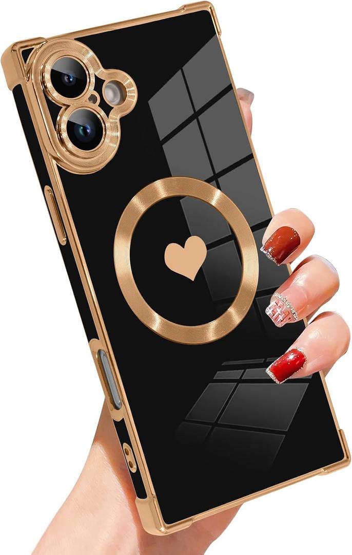 SAKUULO Case for iPhone 16 Cute Plating Case[Compatible with Magsafe] for Women Girls Electroplated Heart Soft TPU Shockproof Camera Protection Bumper Cover for iPhone 16 6.1",Black