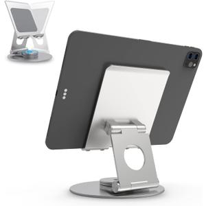 KABCON Swivel Tablet Stand, Aluminum Portable 360Rotating Holder for Desk,Business,Kitchen,Desktop,Table Stand for iPad Pro 9.7,10.5,12.9/Air Mini,Tab,Fire,Nexus,E-Reader-Silver