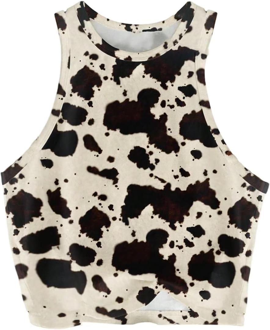 Women's Cow Print Tank Top Sleeveless Crewneck Fitted Crop Tops Summer Cowgirl Vest (L)