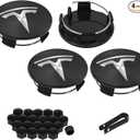 4 Pack Exterior Decoration Wheel Center Cover for Tesla Model 3 Model Y,56mm Hubcaps Wheel Rim Cover Tesla Center Caps Hubcaps+20 Black Lug Nut Covers (Matte Black+Silver Emblem)