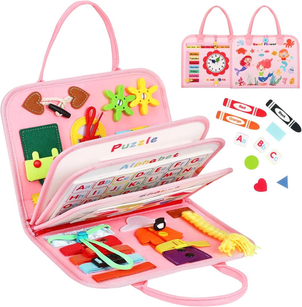 8 in 1 Toddler Busy Board for 1 Years Old, Montessori Toy Busy Book for Toddlers 1-3 Educational Toy Activity for Basic Motor Skills, Kid Travel Essential 2-4 Yr Christmas Birthday Gift for Girl (Pink)