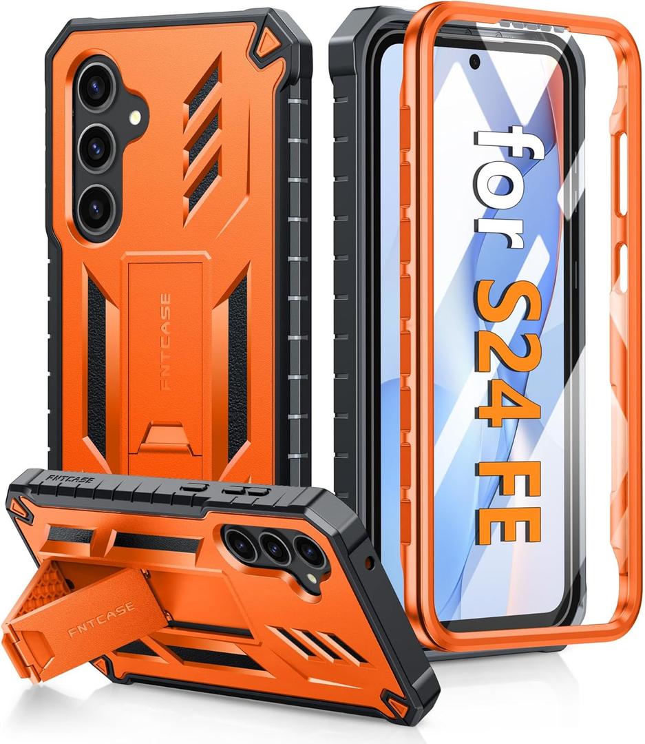 FNTCASE for Samsung Galaxy S24 FE Case: with [Built-in Screen Protector & Kickstand] [Military-Grade Drop Protection] Heavy Duty Protective Full Body Shockproof TPU Phone Cover Orange