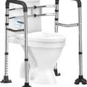Toilet Safety Rails, Stainless Steel Adjustable Toilet Frame with Soft Handles&Tissue Holder, 380LBS Foldable Detachable Toilet Safety Frame for Elderly, Seniors, Handicap & Disabled