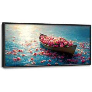 Large Lake Floral Landscape Wall Art for Living Room, Nature Boat Flower Canvas Oversized Wall Decor, Rose Scenery Framed Pictures Painting Print Artwork for Bedroom Office 60L x 30W
