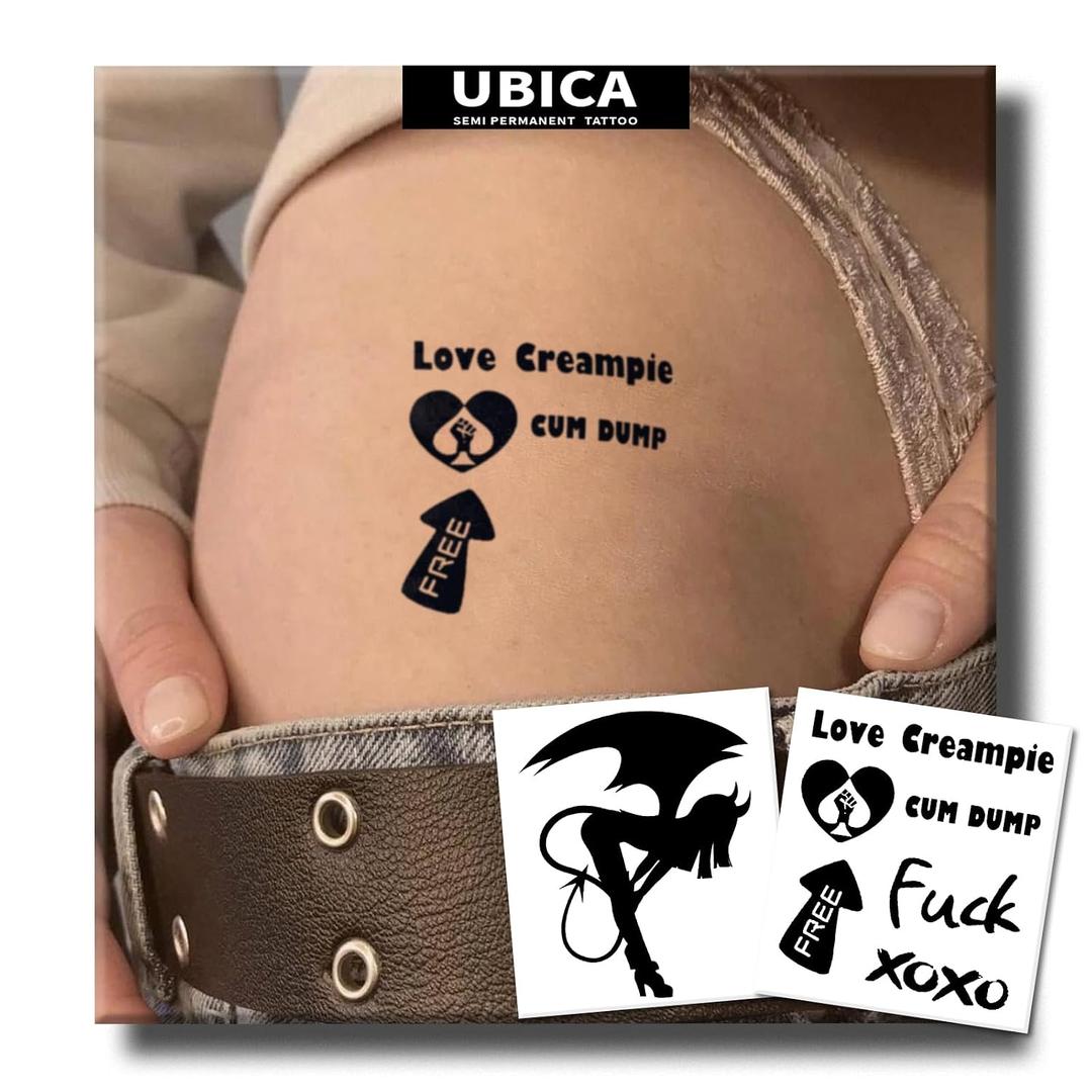 Semi Permanent Tattoo for Women Adult, 2 Sheets Realistic Sexy Naughty Temporary Tattoos, Lasts 2 Weeks Waterproof and Non-Reflective, Slutty Kinky Fake Tattoo (Cum Dump)
