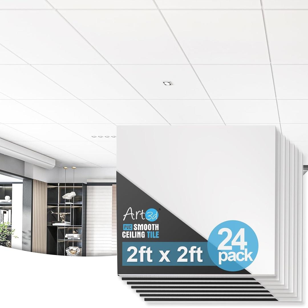 Art3d PVC Drop Ceiling Tiles in White - 24x24in, Waterproof Smooth Tiles Cover 96 Sq. Ft, No Sag and Breakage, 24-Pack
