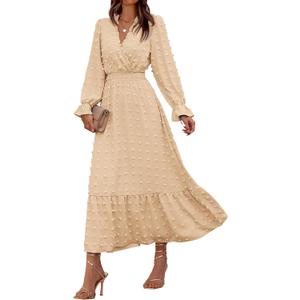 BTFBM Women Fall Maxi Dresses 2025 Long Sleeve V Neck Swiss Dots High Waisted A-Line Ruffle Boho Long Dress Vacation(Beige,Small)