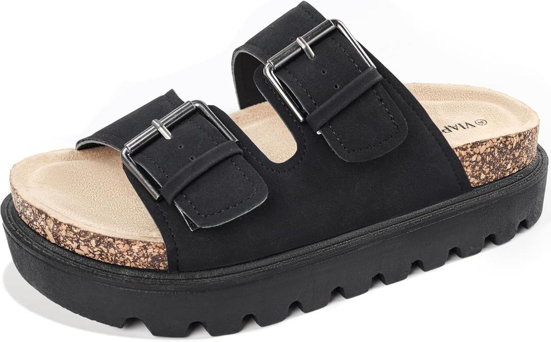 Chunky Platform Sandals for Women, Waterproof Non-Slip Rubber Sole, Adjustable Double Buckle, Arch Support Open Toe Slide Sandals, Comfortable Black Wedge Sandals for Women (9)