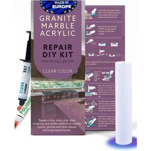 Granite, Marble and Acrylic Repair Kit (Clear/Transparent) - Fix Your Defects Like a Pro I Suitable for Most Repairs I Fix Broken Chips in Minutes