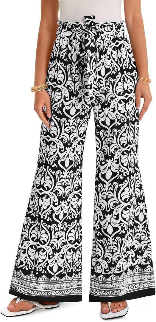 Yousify Women's Wide Leg Boho Pants High Waisted Printed Palazzo Pants Casual Flowy Tie Knot Vacation Trousers with Pockets, Medium