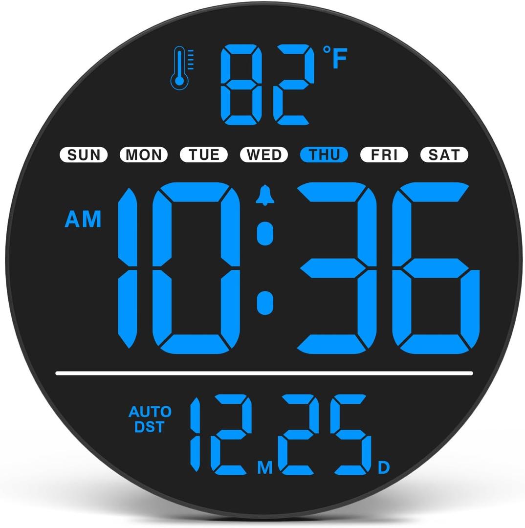 WallarGe Large Digital Wall Clock with LED Display, Electric Wall Clock with Temperature, Auto DST, Date, and Day, 5-Level Brightness for Office, Bedroom, Living Room, Classroom Decor