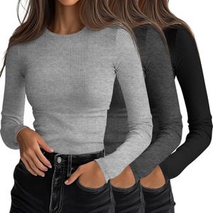 Ficerd 3 Pack Women's Ribbed Long Sleeve Tops, Crew Neck Slim Fit Knit Undershirts Basic Casual Stretch Layering Tee Shirts(Black, Dark Gray, Light Gray, Small)