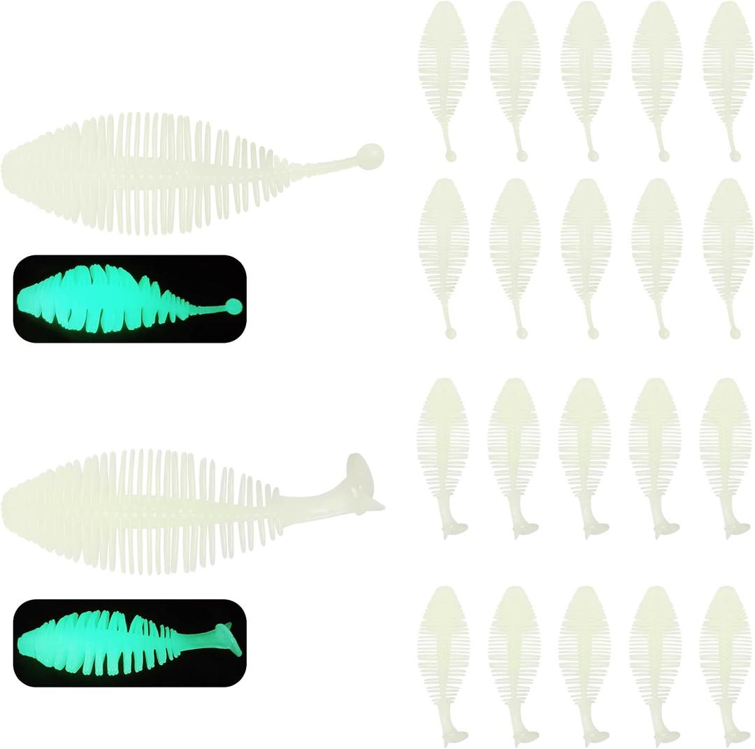 Eupheng 20PCS Soft Plastic Swimbait, Ribbed Plastic Baits with Tickle/Paddle Tail, Fishing Worms Bionic Soft Leech Fishing Minnow Bait for Bass, Pike, Trout, Walleye