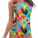 American Trends Modest Criss Cross Back One Piece Swimsuit Women Full Coverage Floral Print Long Torso Swim Suits (10-12, Neon Tropics)