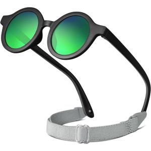 2 x RIVBOS Baby Aviator Wrap Polarized UV400 Sunglasses Soft Frame Secure Strap Toddler,Infant and Newborn (0-18 Months) RBK068 (Black Round&ice Green Lens)