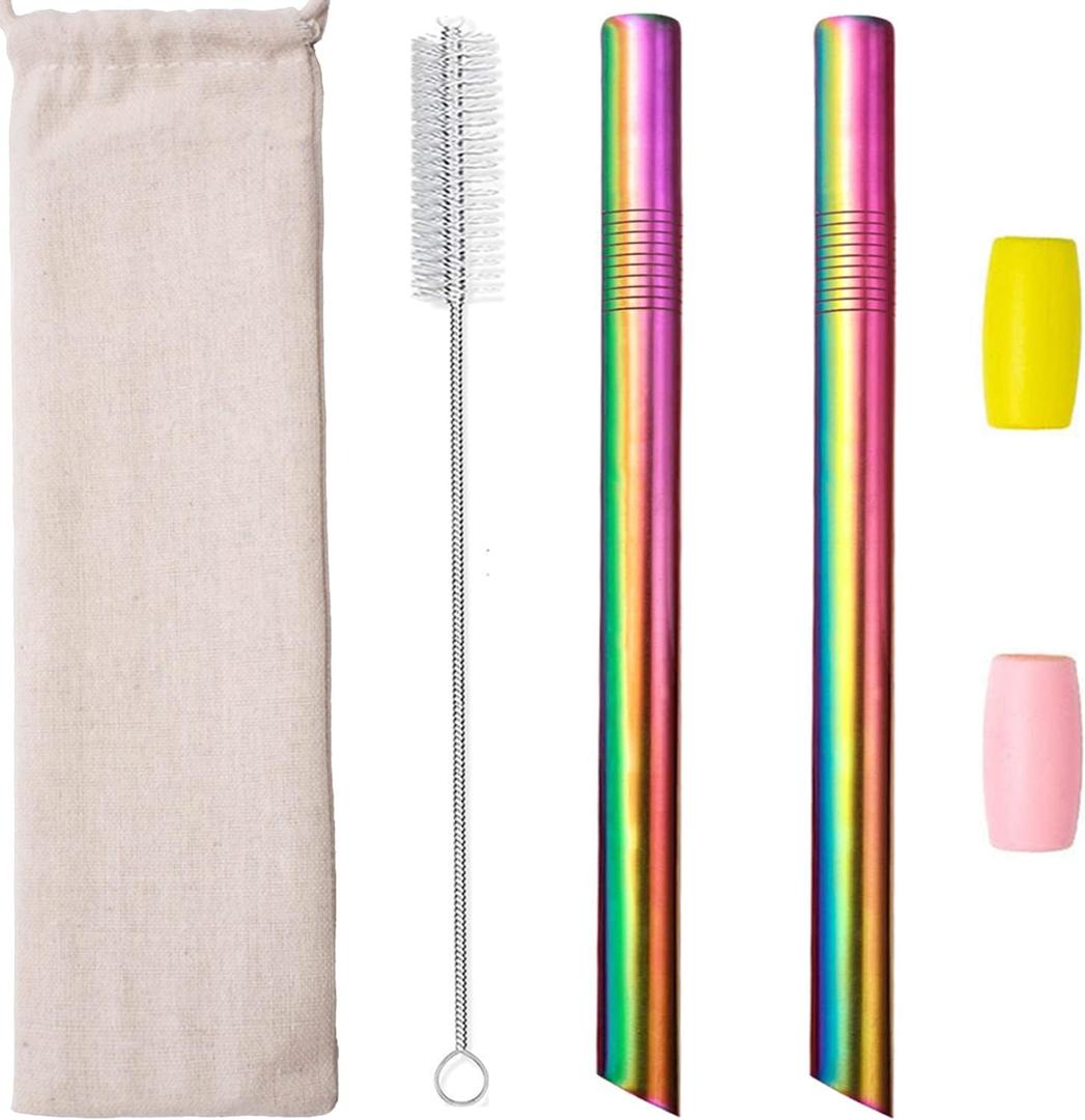 Reusable Boba Straws Smoothie Straws Metal Stainless Steel Straws Angled Tips Fat 0.5" Wide for Jumbo Bubble Tea Milkshakes Milk Tea Tapioca Pearl With Silicone Tips Carry Bag Cleaning Brush 2 Pcs 10"