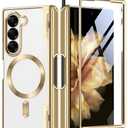 Upgraded Magnetic for Z Fold 6 Case with S Pen Holder, Compatible with Magsafe,[Built-in Screen Protector & Hinge Protection] Full-Body Plating Slim Phone Case for Samsung Galaxy Z Fold 6, Gold