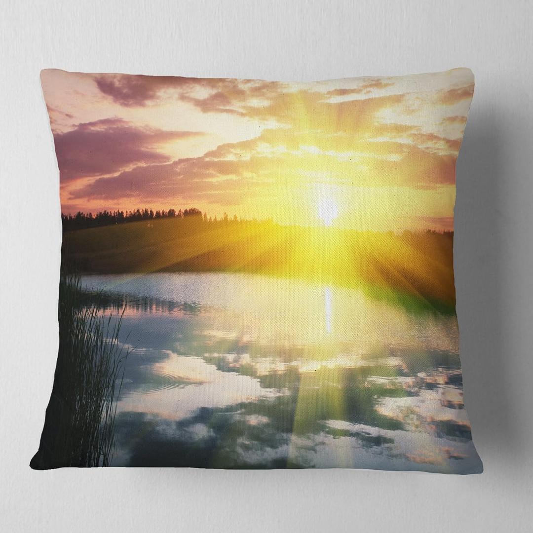 Designart Bright Yellow Sunrise Over Lake' Seashore Throw Cushion Pillow Cover for Living Room, Sofa 16" x 16"