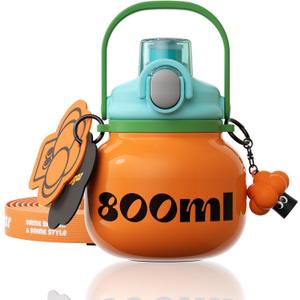 27 oz Aesthetic Water Bottle with Straw and Carry Handle, Chunky Wide Mouth Vacuum Insulated Stainless Steel Flask Taza Easy Carry, Trendy Portable Tumbler for School, Gym, Travel, Orange