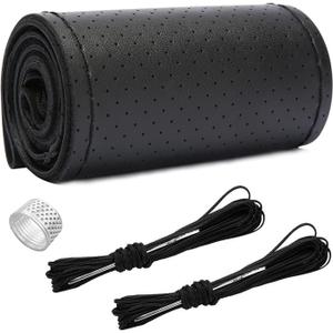 Ziciner Genuine Leather Steering Wheel Cover, Stitch on Wrap, Breathable Anti-Slip Car Steering Wheel Protector for Max Diameter 15 Inch, DIY Sewing with Needles Thread (Black, Hole)